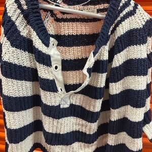 Pilcro Blue and White V-Neck Sweater with Nautical Stripes